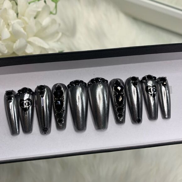 Black Bling Press On Nails | Handmade Press On Nails | Fake Nails - Picture 4 of 12
